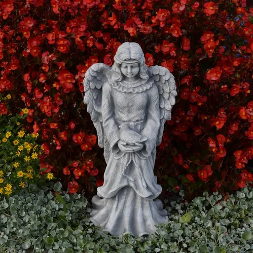 Gartenfigur Engel mit Vogel - 44 cm, Frostsicher - Figuren – Hochwertige Steinfigur mit 9 kg Gewicht, ideal für frostige Temperaturen und als dekorativer Blickfang in Ihrem Garten.
