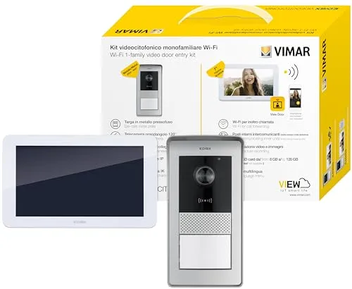 VIMAR K42955 Videosprechenalagen-Set enthält Freisprech-Touchscreen-Videohaustelefon LCD 7in und WLAN-Verbindung, 1-Taste RFID-Klingeltableau mit Regenschutz, DIN Netzgerät, 1 Familie