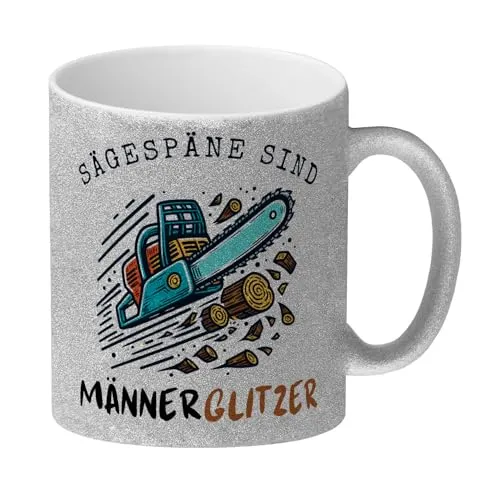 Kettensäge Glitzer-Kaffeebecher mit Spruch Sägespäne sind Männerglitzer Werkzeug-Liebhaber Maschine zum Schneiden Für Holzbearbeitung herumfliegende Späne Vatertag Tasse
