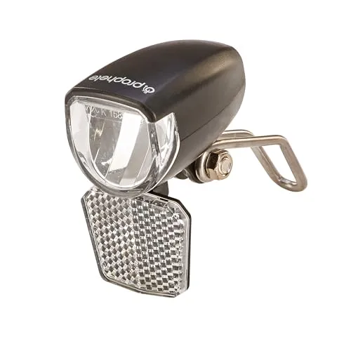 Prophete Fahrrad LED-Scheinwerfer – 15 Lux, mit EIN-/Ausschalter & abnehmbarem Reflektor – Für Naben-, Seitendynamo & E-Bikes (6V) – StVZO zugelassen – Kompakter Scheinwerfer mit Nirosta-Halter