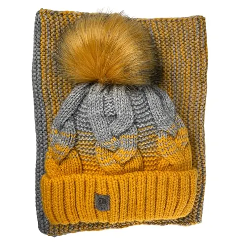 kennydoo Mütze & Schal Set achti I 2 teilig I Damen Kombi - Beanie mit großem Bommel und Loop I kuschelig gestrickt (senfgelb/grau)