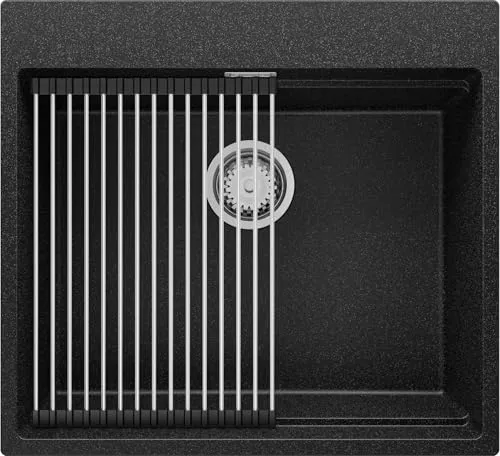PRIMAGRAN Spülbecken Anthrazit 58x53cm, Granitspüle 1 Becken + Ablauf-Set + Aufrollbare Abtropffläche, Küchenspüle ab 60er Unterschrank - Oslo Max S021
