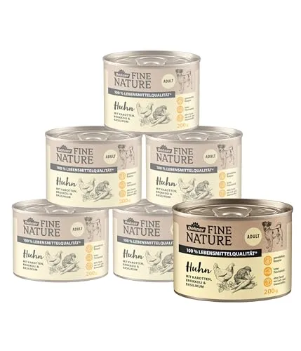 Dehner Fine Nature Hundefutter, Nassfutter in Lebensmittelqualität, für ausgewachsene Hunde, Huhn, 6 x 200 g Dose (1.2 kg)