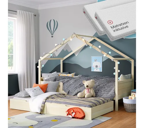 Bellabino Bela Kinderbett 90x200 cm – Ausziehbares Hausbett mit Matratze und Rausfallschutz - ⭐ SICHERHEIT NACH MONTESSORI – Das Kinderbett 90x200 cm mit Rausfallschutz bietet ein sicheres Schlafumfeld. Ideal für gemeinsame Kuschelmomente und Übernachtungsgäste – praktische Lösung für jedes Kinderzimmer!