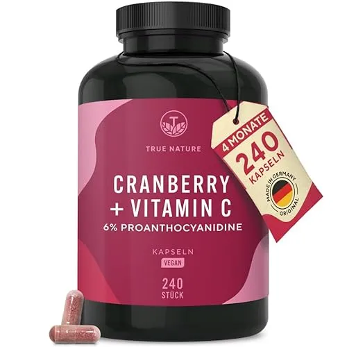Cranberry + Vitamin C – 240 Cranberry Kapseln hochdosiert - 25:1 Extrakt mit 25.000mg Cranberries - 6% Proanthocyanidine - Hergestellt & laborgeprüft in DE - Vegan, ohne Zusätze - TRUE NATURE