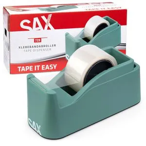 SAX Tape it Easy XXL Einhand Klebeband Abroller extra Schwer | für 1x 50mm Band oder 2x 25mm Band, Paketbandabroller mit Stiftehalter Funktion, rutschfest, inkl. doppelseitige Klinge, Salbeigrün