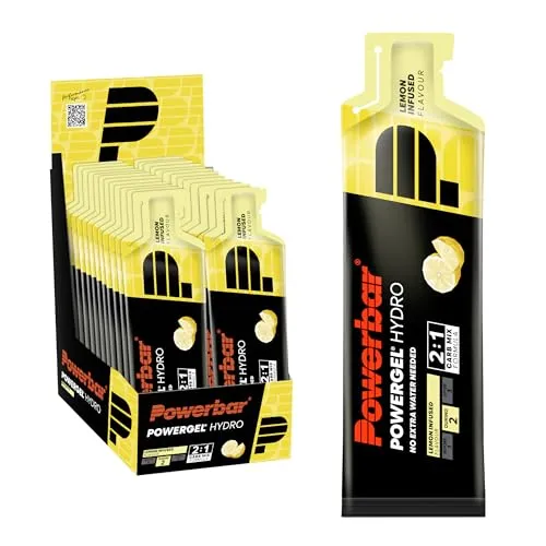POWERBAR PowerGel Hydro Zitrone 24x67ml - Koffeinfreies High Carb Energie Gel - Energie Gel mit erfrischendem Zitronengeschmack, ideal für sportliche Aktivitäten. Praktische 67ml Portionsbeutel für optimale Energiezufuhr.