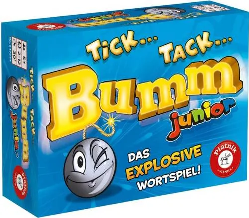 Piatnik - Tick Tack Bumm Junior - Gesellschaftsspiel für Kinder, fördert Kreativität und Schnelligkeit in einem spannenden Wortspiel mit unvorhersehbarem Zeitdruck.