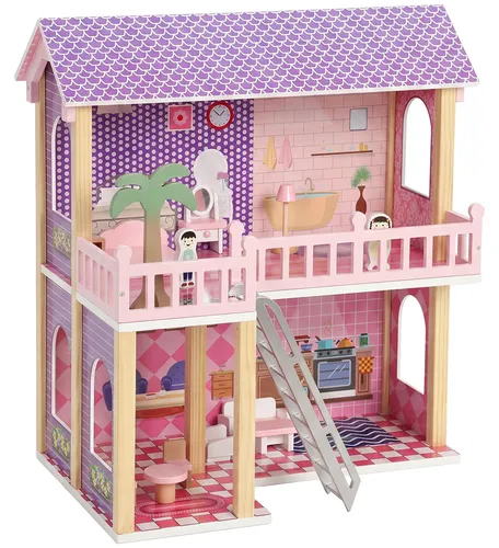 AIYAPLAY Puppenhaus 69 cm Hoch 2-stöckig mit 2 Puppen 11 Möbeln Leiter Balkon