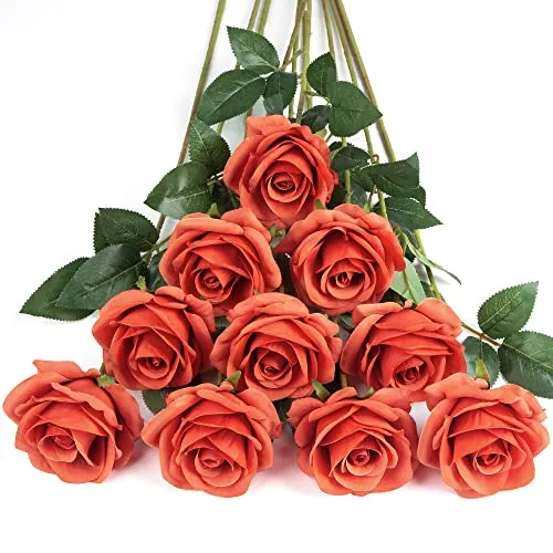 Produktbild DuHouse 10 Stück künstliche Rosen Seidenblumen Fake Rose 54cm einzelnen Langen Stiel künstlich Blumen Bouquet für Brautstrauß Arrangement Hochzeit Tafelaufsatz Party Haus Küche Dekor(Korallenorange)