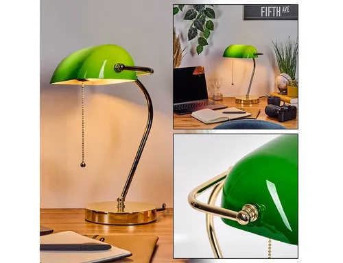 Hofstein Tischleuchte im Retro-Design - Elegante Tischlampe aus Metall und Glas in Messing und Grün, ideal für den Innenbereich. Mit Zugschnurschalter und E27-Fassung, perfekt für eine stilvolle Beleuchtung am Schreibtisch.