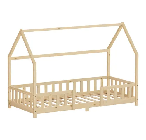 ML-DESIGN Spielbett Hausbett Kinderbett inkl. Lattenrost kreativ Bodenbett für Kinder, Abenteuerbett zum Spielen mit Rausfallschutz Kiefer Natur Himmelbett