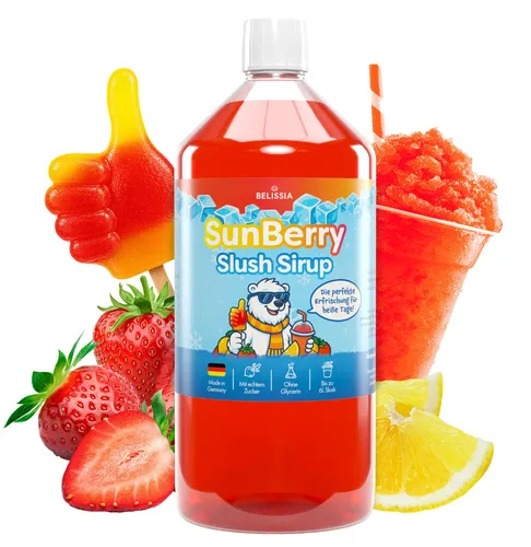 Belissia Slush Eis Sirup 1000ml Konzentrat | SunBerry Geschmack | sehr ergiebig in knalligen Farben (1:5) für bis zu 6 Liter | Glycerin frei