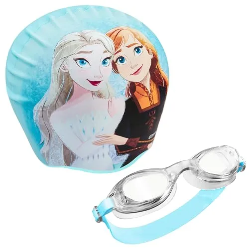 Disney Badekappe & Schwimmbrille Kinder Set, UV-Schutz, Anti-Beschlag - Stitch Sachen für Kinder (Blue Eiskönigin, 6-14 Jahre)