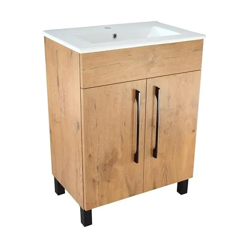 paplinskimoebel - Unterschrank mit Keramik Waschbecken Vittoria, 60 cm Breite, Matt Eichenoptik Korpus, Badmöbel Set für Badezimmer & Gäste-WC, Stehend Waschtisch, Waschbeckenunterschrank