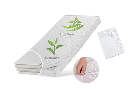 Babymatratze 60x120 cm LATEX DELUXE mit Aloe Vera-Bezug - Matratzen für Babybetten, mit zwei Härtegraden für optimalen Schlafkomfort und einem hautfreundlichen Aloe Vera-Bezug, der atmungsaktiv und waschbar ist.