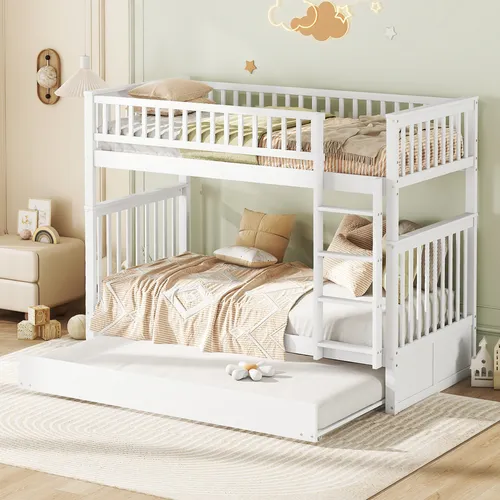 Etagenbett 90x200 cm mit Gästebett und Rausfallschutz - Praktisches Etagenbett für Kinder mit 2 Liegeflächen, umbaubar zu Einzelbetten. Die stabile Konstruktion aus Kiefernholz bietet Sicherheit durch Rundum-Absturzschutz und ist ideal für kleine Räume.