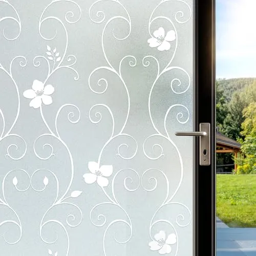 DIFIT Fensterfolie Blickdicht, Sichtschutzfolie Fenster Mit Blumenmuster Milchglasfolie Statisch Haftend, Dekoration, Anti-UV, Glasfolie für Wohnen, Büro und Bad (Weiß Blume, 44.3 x 200 cm)