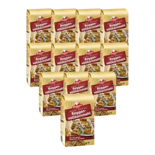 BIELMEIER KÜCHENMEISTER Roggenvollkornmehl 12x1kg - Hochwertiges Roggenvollkornmehl in praktischen 1kg Packungen. Ideal für frisch gebackenes Brot und vielfältige Backrezepte. Für den anspruchsvollen Hobbybäcker geeignet! Nachgeprüfte Qualität.