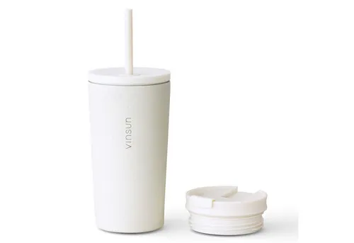 Vinsun Thermobecher Edelstahl Becher mit Strohhalm 480ml - Isolierbecher auslaufsicher, 4-tlg., Edelstahl, Doppelwandig isoliert, BPA frei, bruchfest, Kalt- und Heißgetränke