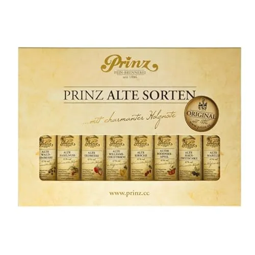 Prinz Geschenkset Die kleinen Feinen - Prinz Alte Sorten - Obstbrände Geschenkset mit 8 Probierflaschen (4 cl) der beliebten Prinz Schnäpse 'Alte Sorten', perfekt für Genießer und ideal zum Verschenken.