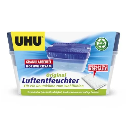 UHU Luftentfeuchter Original + Nachfüll-Beutel 1000g - Luftentfeuchter für Wohnräume, Badezimmer und Keller. Effektive Bekämpfung von Feuchtigkeit mit Sicherheits-Clips und Füllstands-Indikator für einfache Nutzung.
