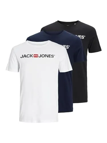 JACK & JONES Herren JJECORP Logo Tee 3PK - 3er Pack Herren T-Shirts in Schwarz, Blau und Weiß mit Rundhalsausschnitt, aus hochwertiger Baumwolle für optimalen Tragekomfort und lässigen Look.