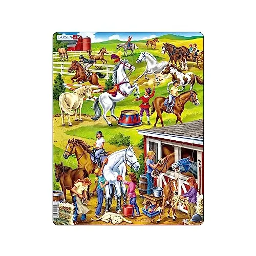 Larsen US26 Rahmenpuzzle für Kinder I Spaß mit Pferden & deren Pflege I Puzzle ab 4 Jahre I Schönes Kinderpuzzle mit 50 Teilen I Spiel, Spaß & Lernen