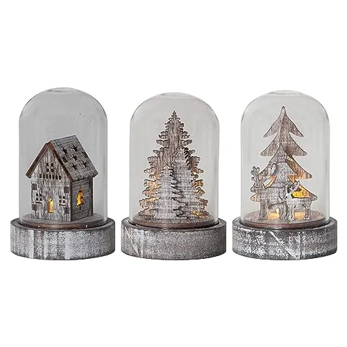 EGLO LED Weihnachtsdeko, 3er-Set Deko-Glasglocken, Winterlandschaft batteriebetrieben mit Licht, Tischdeko Weihnachten aus rustikalem Holz und Glas, warmweiß, 5,5 x 8,5 cm