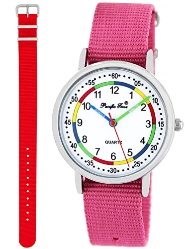 Pacific Time Lernuhr Kinder Armbanduhr 2 Armbänder rosa + rot analog Quarz 11028 - Farbenfrohe Lernuhr mit übersichtlichem Zifferblatt, ideal für Kinder, um spielerisch die Uhrzeit zu lernen. Hochwertige Materialien und einfach wechselbare Armbänder machen sie zu einem perfekten Geschenk für jeden Anlass.