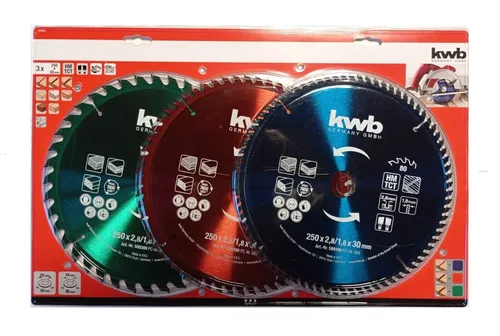 KWB Kreissägeblatt-Set Ø 250 x 30 mm 3-tlg. - Diamantsägeblätter für präzise Schnitte in Holz und Plattenwerkstoffen, mit langlebigen Hartmetall-Zähnen für optimale Schnittqualität und vielseitige Anwendung.