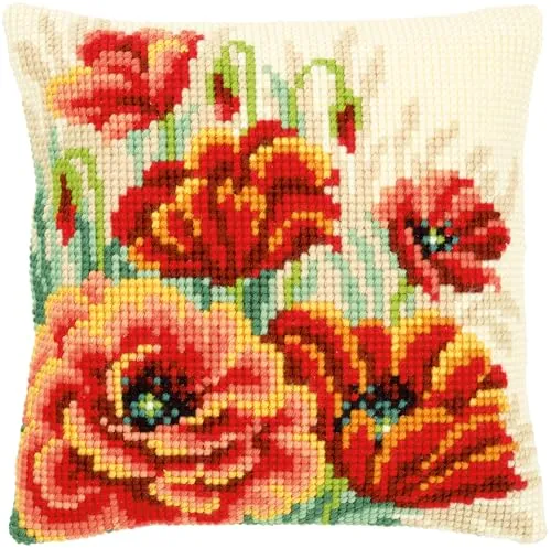 Vervaco PN-0149724 Kreuzstichkissen Mohnblüten II - Kreativset für Kreuzstich mit handbemaltem Stramin und hochwertigem Garn, ideal für kreative Näherinnen und als Geschenk. Größe: 40 x 40 cm.