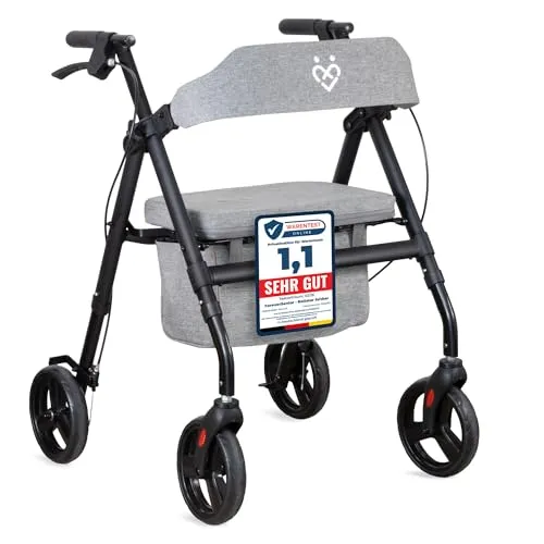 ForeverSenior Rollator faltbar & leicht 9 kg mit Sitz – Rollatoren für Senioren – stabile Konstruktion aus Stahl, Tasche & gepolsterte Rückenlehne, Rollator schmal für Wohnung & Outdoor