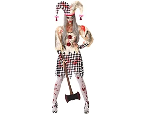 atosa Blutiges Harlekin-Kostüm für Damen - Halloween Clown-Kostüm - Schaurig-schönes Zombie-Harlekinkostüm für Damen mit blutigen Details, ideal für gruselige Halloween-Partys. Inklusive Kleid und Harlekinmütze, perfekt für einen unvergesslichen Auftritt!