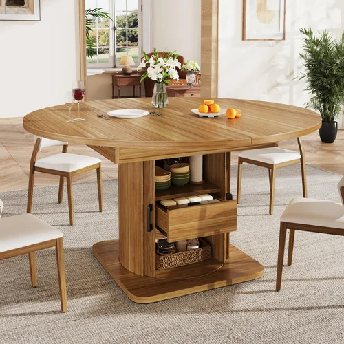 MODFU Ausziehbarer Esstisch Brown – Rund bis oval, 118-158 cm für bis zu 6 Personen - Vielseitiger Esstisch mit stabiler MDF-Platte und elegantem Design. Ideal für kleine Wohnungen: Stauraum hinter der Tischplatte und flexible Nutzung als Esstisch oder Schreibtisch.