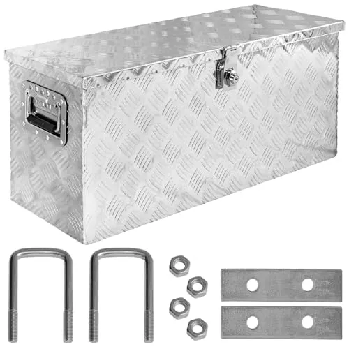 Trucky Deichselbox D080 aus Aluminium mit Montagesatz - Praktische Aluminium-Deichselbox mit Montagesatz für PKW-Anhänger. Robuste Bauweise, verschließbar und inklusive Hydraulik-Stoßdämpfer für einfachen Zugriff. Perfekt für die sichere Aufbewahrung von Werkzeug.