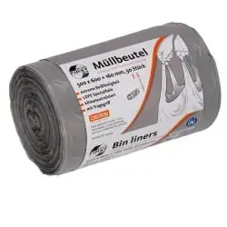 DEISS FIRST PLUS pcr Müllbeutel 30 Liter mit Tragegriff, grau - Nachhaltige Müllbeutel mit 30 Litern Volumen, hergestellt aus 80% recyceltem Material. Ideal für effiziente Müllentsorgung und ausgezeichnet mit dem Blauen Engel für geprüfte Qualität.