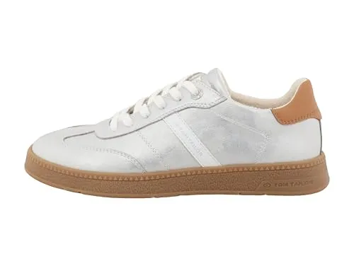Sneaker TOM TAILOR Damen Gr. 41 - Schimmerndes Lederimitat in Silber - Sneaker für Damen von Tom Tailor, schimmerndes Lederimitat in Silber und Weiß, sportlicher Halbschuh mit Kontrastbesatz an der Ferse für einen stylischen Look.