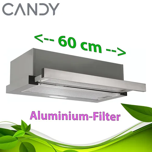 Candy 60cm Flachschirmhaube aus Edelstahl - Einziehbar und modern - Praktische 60cm Flachschirmhaube aus Edelstahl mit Aluminium Fettfilter und LED Licht. Pflegeleicht und energieeffizient, ideal für jeden Küchenbereich.