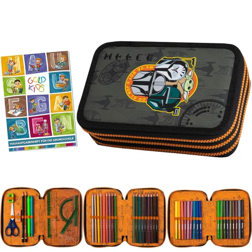 Mandalorian Federmappe 3-Fach - Gefüllte Schüleretui 46-teilig - Federmappen & Schlamperrollen mit coolen Mandalorian Motiv, perfekt für Schüler und Fans – enthält 46 Teile für den sofortigen Einsatz.