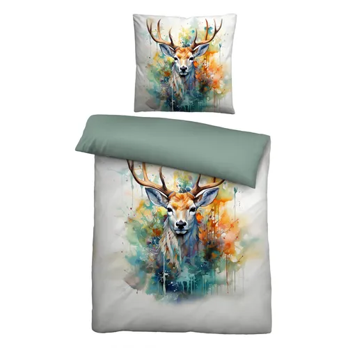 biberna Feinbiber Bettwäsche 0346737 Hirsch - Bettwäsche-Set aus 100% Baumwolle, 155x220 cm + 80x80 cm, hautsympathisch und atmungsaktiv. Hochwertiger Digitaldruck sorgt für ansprechendes Design. Waschbar bis 60 Grad und trocknergeeignet, Made in Europe.