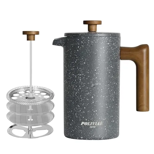 Poliviar French Press 1 Liter - 8 Tassen Kaffeebereiter - Kaffeepressen mit doppelwandiger Isolierung, hält Getränke bis zu 60 Minuten warm und bietet ein einzigartiges Holzdesign für eine angenehme Handhabung.