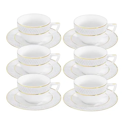 Wilmax - Tassen mit Untertassen - Goldmuster - 6er-Set - 170 ml - Kaffeetassen aus Porzellan - Weiß - Geschirrset für 6 Personen - Tassenset für Kaffee, Tee, Desserts - Kaffeeservice