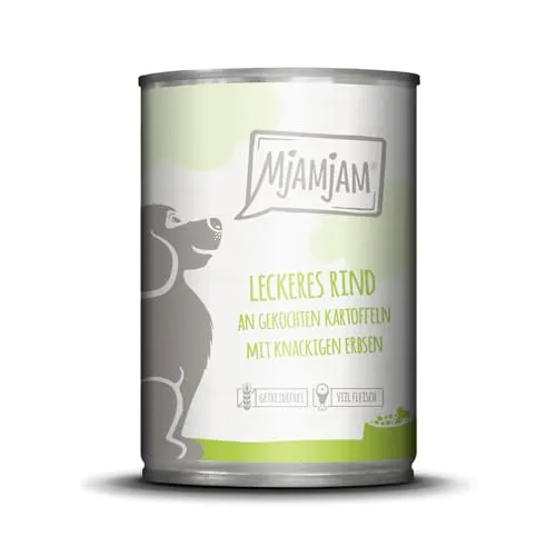 MjAMjAM - Premium Nassfutter für Hunde - leckeres Rind an gekochten Kartoffeln mit knackigen Erbsen, 1er Pack (1 x 400 g), getreidefrei mit extra viel Fleisch