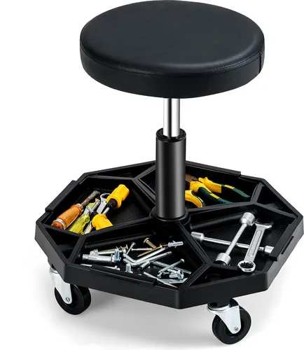 GOPLUS Werkstatthocker 41-55cm höhenverstellbar, Rollhocker mit Werkzeugablage & 4 Universalrädern, Funktioneller Arbeitshocker für Garage, Schwarz