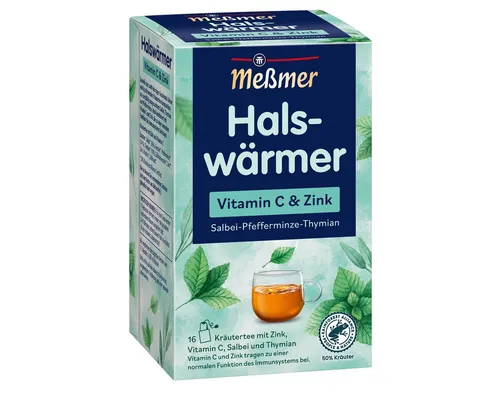 Meßmer Halswärmer mit Zink, Vitamin C, Salbei und Thymian - 16 Beutel - Tee zur Stärkung des Immunsystems mit Zink und Vitamin C, ideal bei Halsbeschwerden und Erkältungen. Entspannt mit wohltuenden Kräutern!
