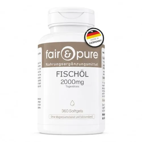 Fair & Pure Fischöl 2000mg, 360 Softgels, 2000mg Fischöl Tagesdosis, Omega-3 Fettsäuren, EPA, DHA, Vitamin E, Nahrungsergänzungsmittel ohne Zusätze, in Deutschland hergestellt