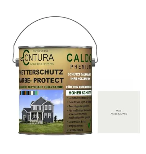 Contura Wetterschutzfarbe 500ml. Holz Dauerschutzfarbe Deckend Buntlack Holzfarbe Holzlasur Seidenmatt (Weiß - RAL 9010 Analog)