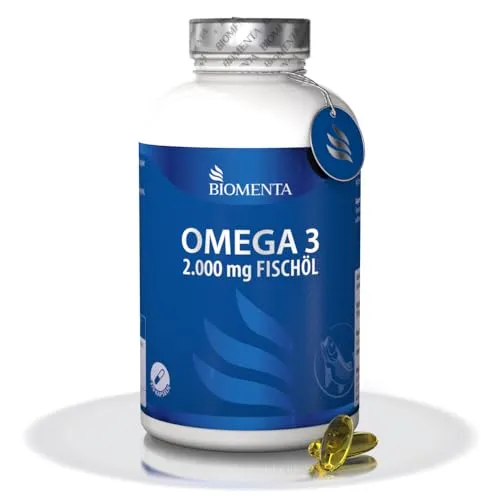 BIOMENTA Omega 3 Kapseln hochdosiert - 370 St. - 2000 mg Fischöl pro Tag - Hochdosierte Omega-3 Kapseln mit 2000 mg Fischöl täglich. Enthalten essentielle Fettsäuren und Vitamin E für eine hochwertige Ergänzung. Deutsche Qualität ohne unerwünschte Zusatzstoffe.