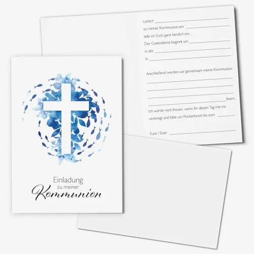 younikat Einladungskarten Kommunion I 15 Stück DIN A6 (10,5 x 14,8 cm) I zum Ausfüllen mit Lückentext I inkl. Umschlägen I Klappkarte Aquarell Blau Fische Kreuz I dv1558